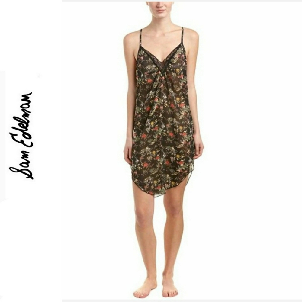 Sam Edelman Chiffon & Lace Black Floral Chemise